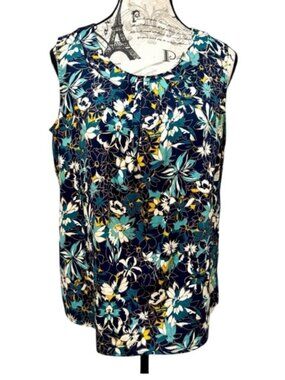 Talbots Blue and Turquoise Floral Cotton Sleeveless Blouse size Medium Petite